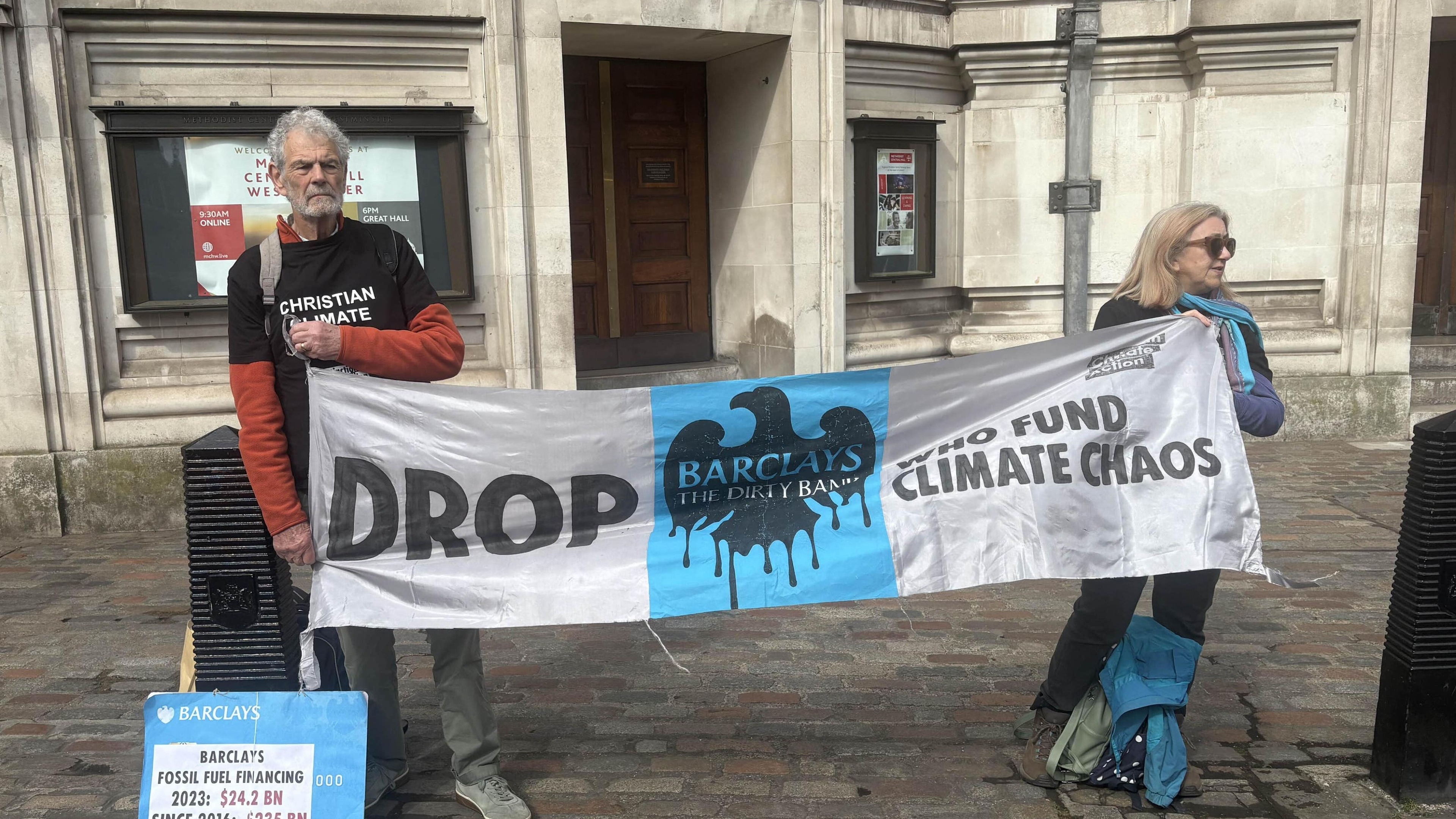 Pro-Palestine and climate activists disrupt Barclays shareholder meeting in Westminster