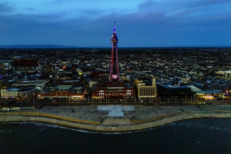 Blackpool Tower is lit up as historic landmarks across the UK are illuminated for the 80th Anniversary of VE Day. (Peter Byrne/PA)