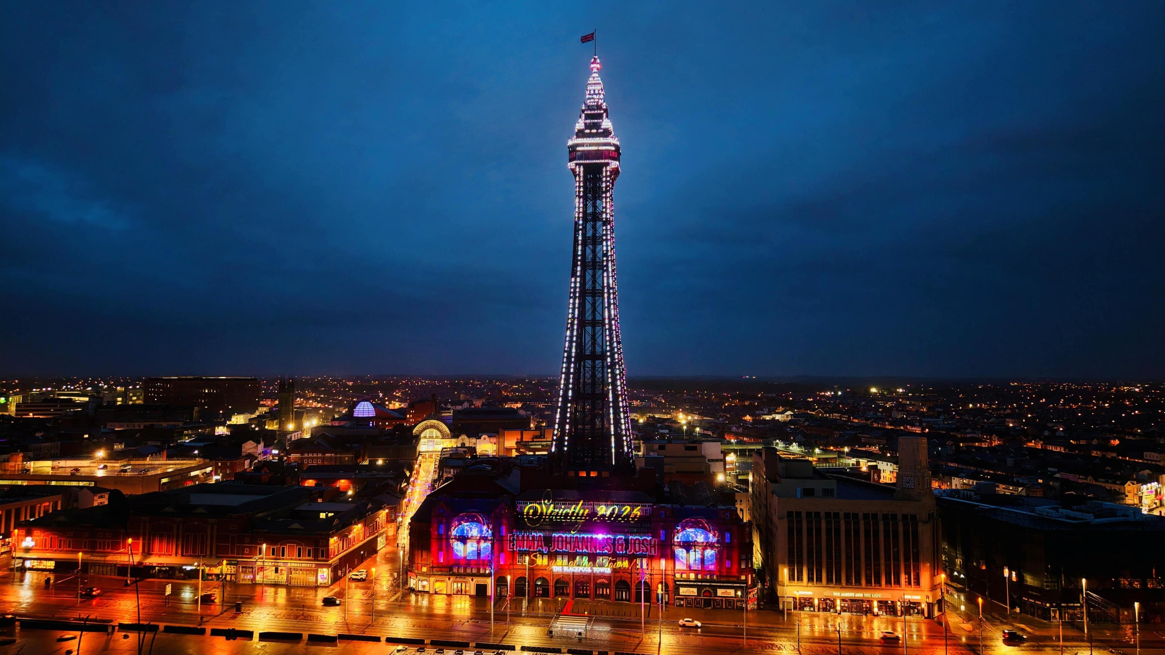 Blackpool Tower lit up with the names of new Strictly Come Dancing presenters
