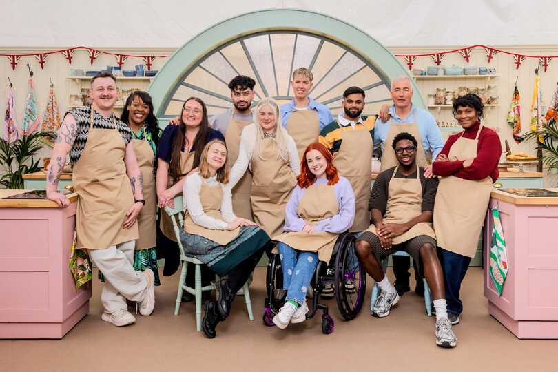 The Great British Bake Off Series 17 contestants, from left, Gabe, Nikki, Shannon, Danni, Mo, Clara, Tom, Molly, Yannis, Gary, Moyin, and Connie (Patch Dolan/Channel 4/Love Productions/PA)