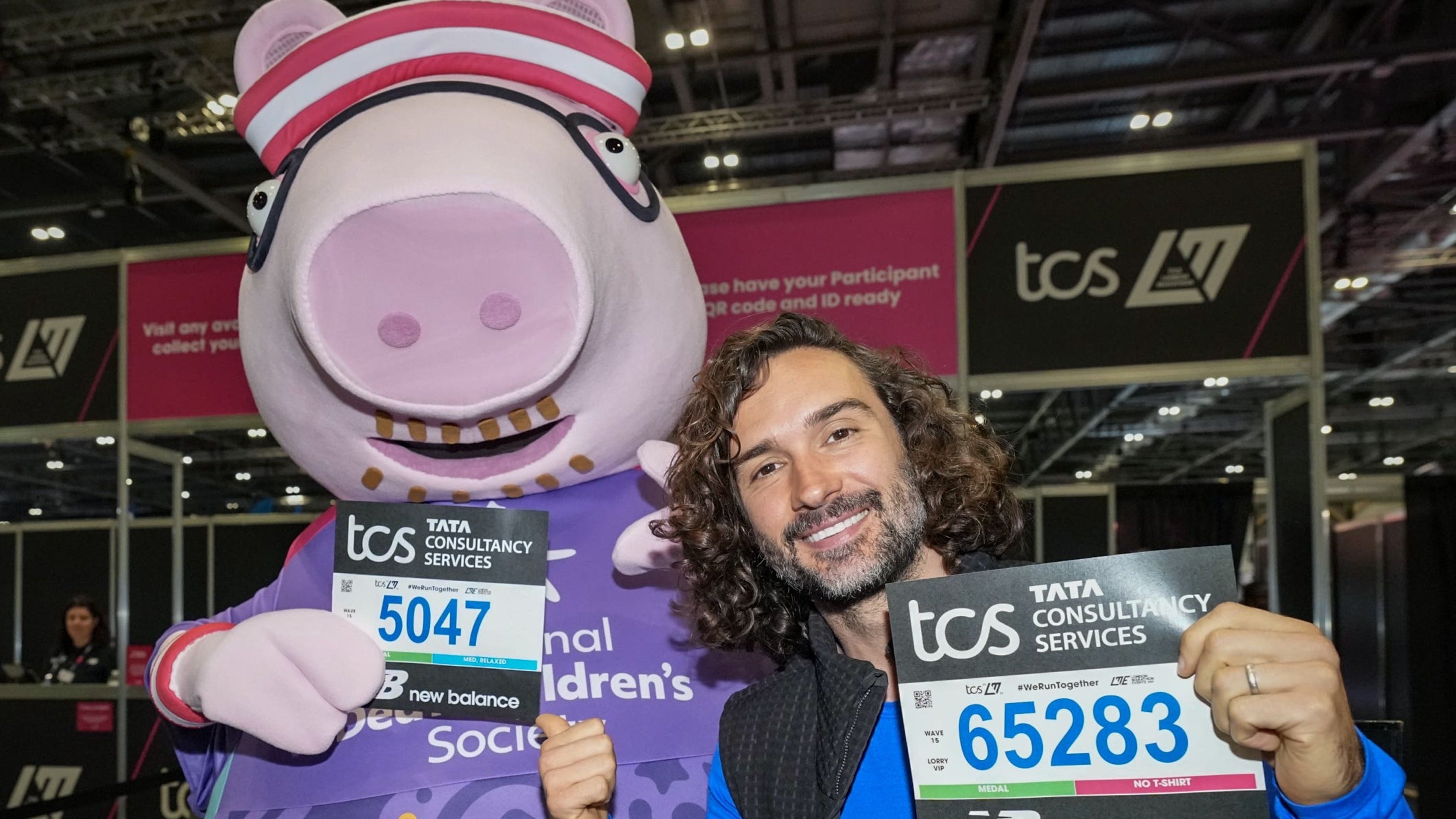 Daddy Pig and coach Joe Wicks on their marks to collect London Marathon bibs