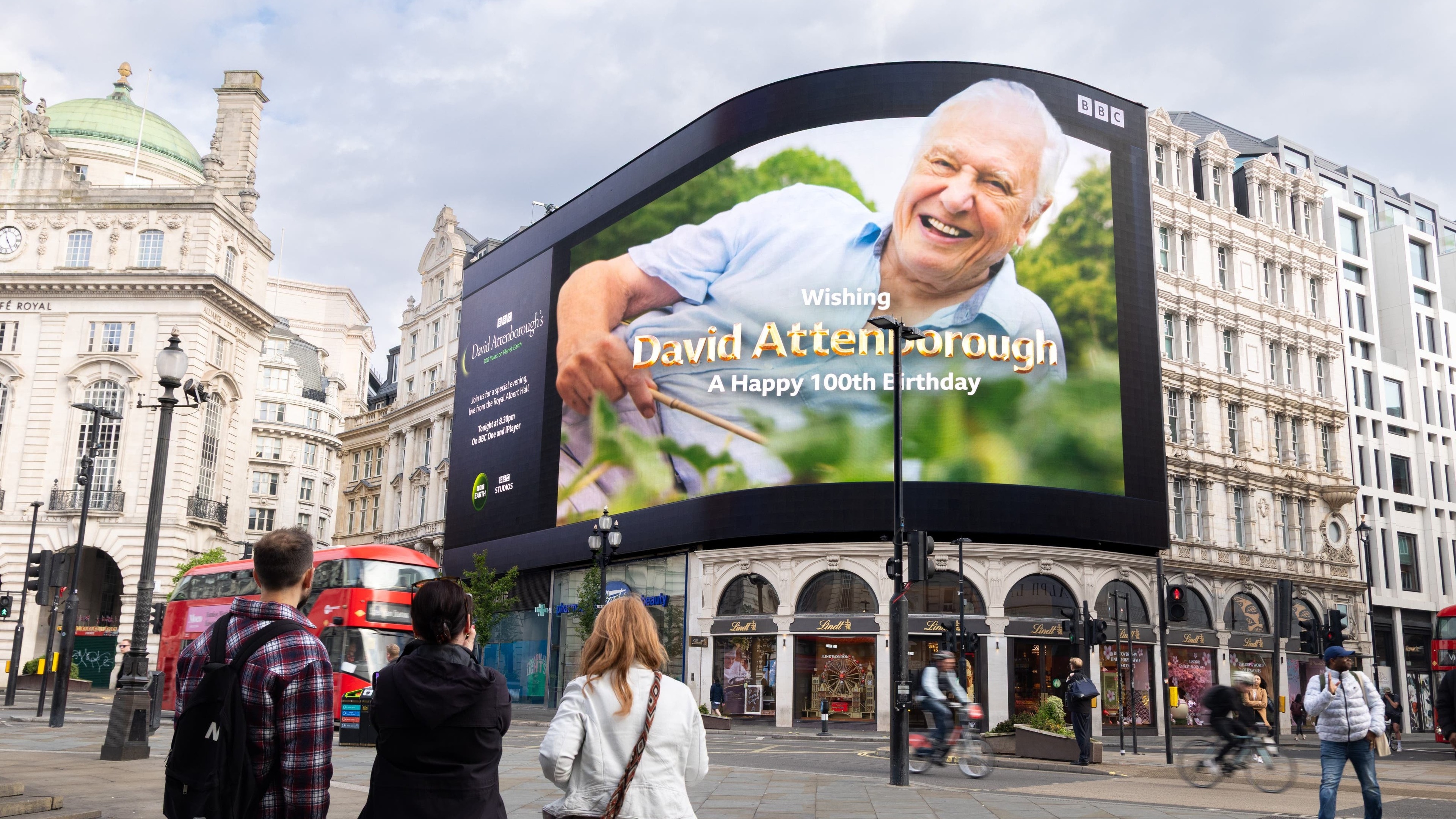 Birthday tribute to Sir David Attenborough displayed on Piccadilly Lights