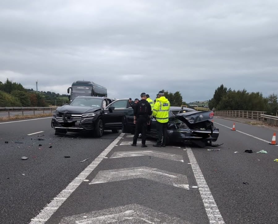 Heavily armed police ram stolen car to a stop during high speed pursuit from Belfast to Newry