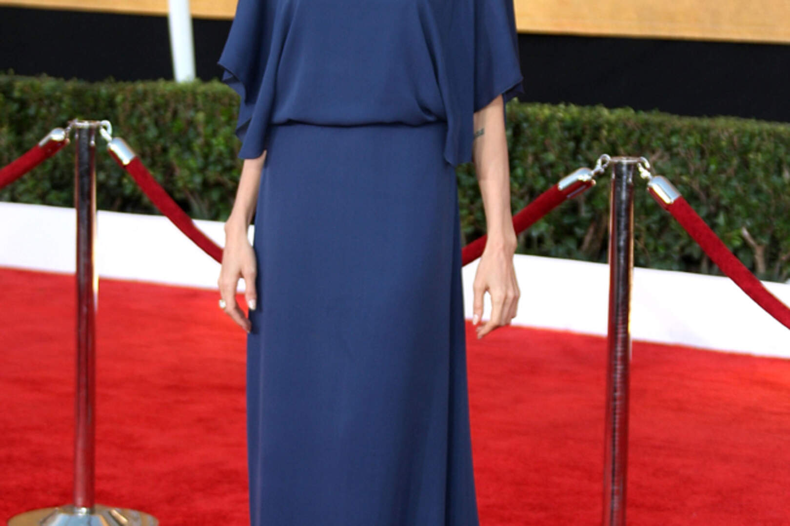 angelina jolie blue dress Angelina Jolie Stuns at the Tony Awards in a Teal Velvet Gown