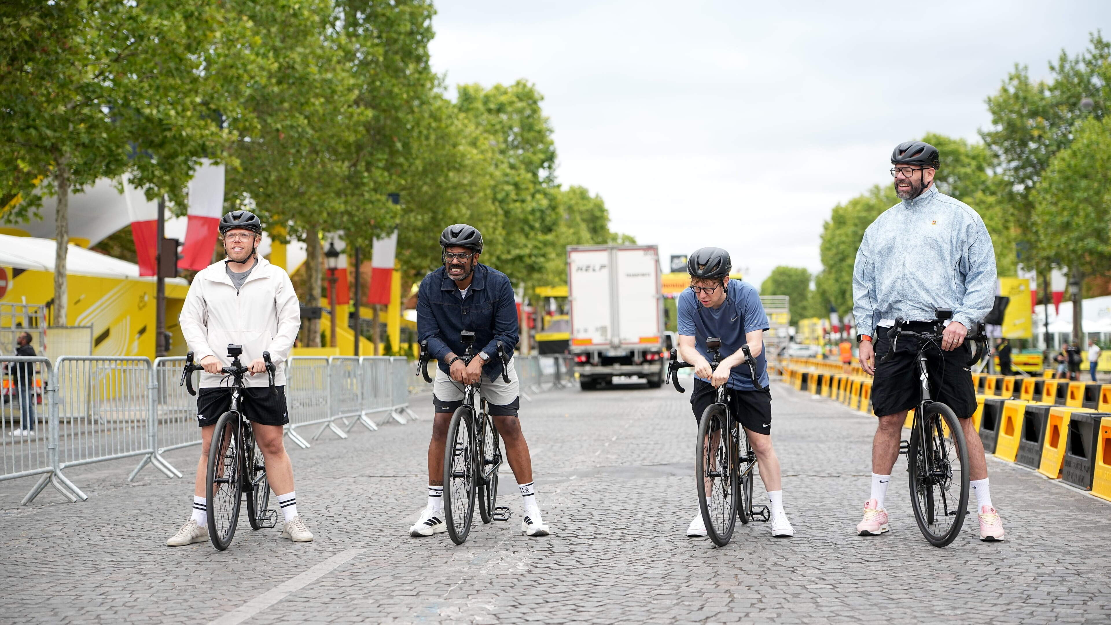 An unusual starting line at the Tour de France: Rob Beckett, Romesh Ranganathan, Josh Widdicombe and Tom Davis © Sky UK
