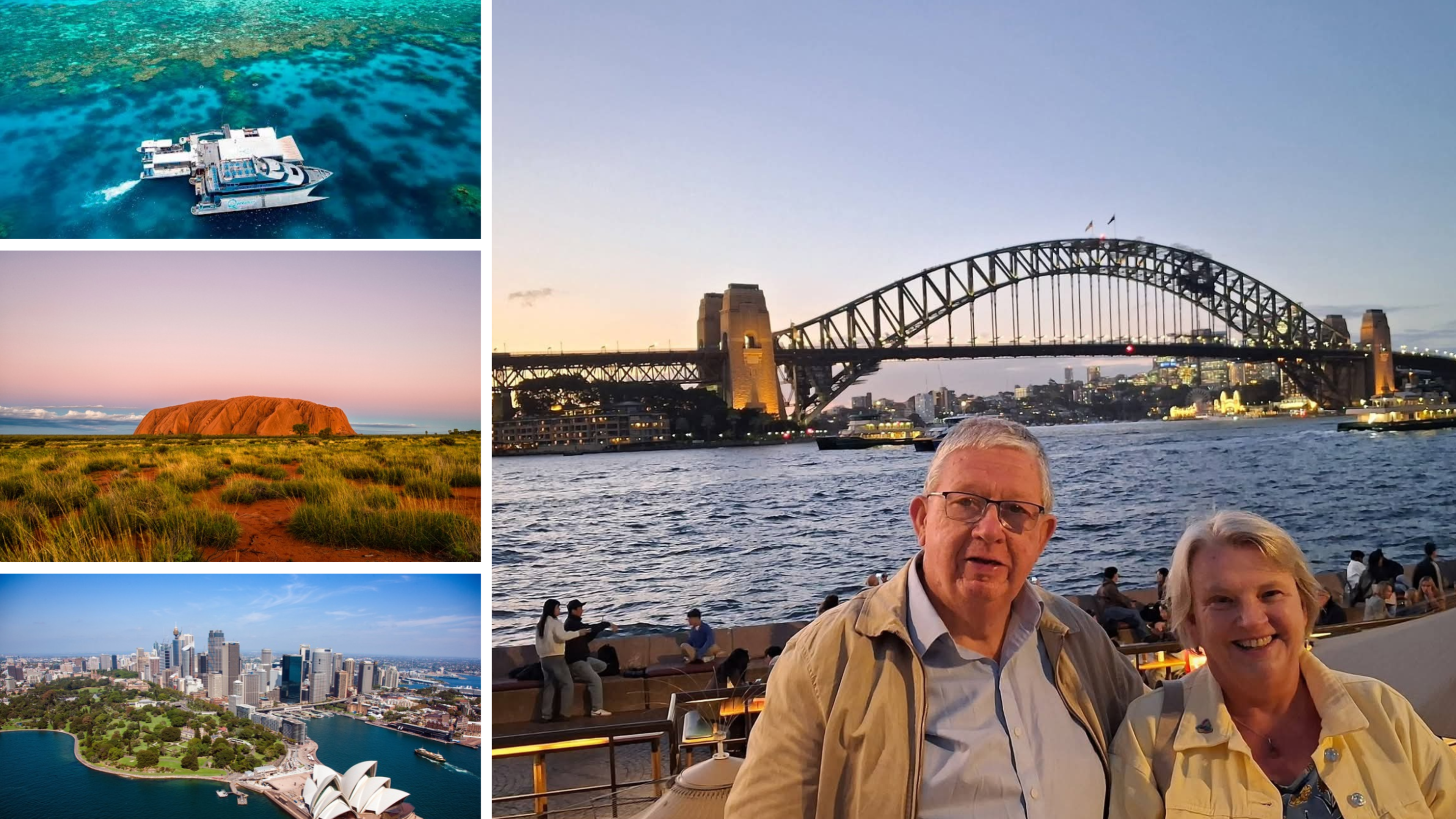 Noel and his wife Heather in Sydney, and some of the other highlights of their tour of Australia