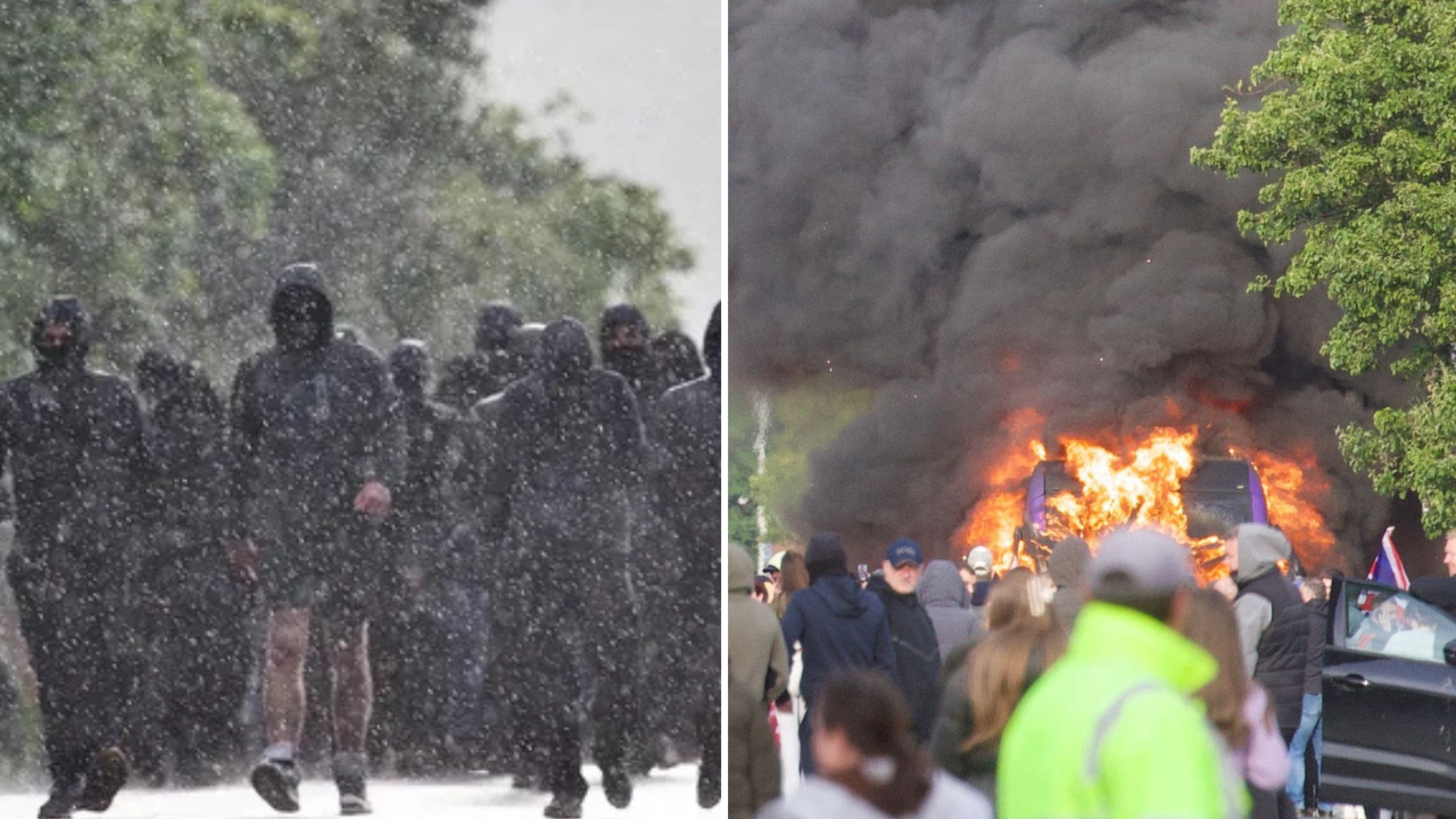 Hijacked bus set on fire while masked youths among protestors gathering after man charged over ‘attempted beheading’