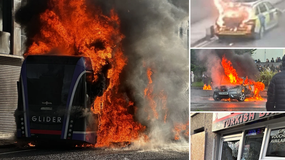 Homes set on fire in Belfast as police car and hijacked bus among vehicles ablaze as disorder erupts after man charged over ‘attempted beheading’