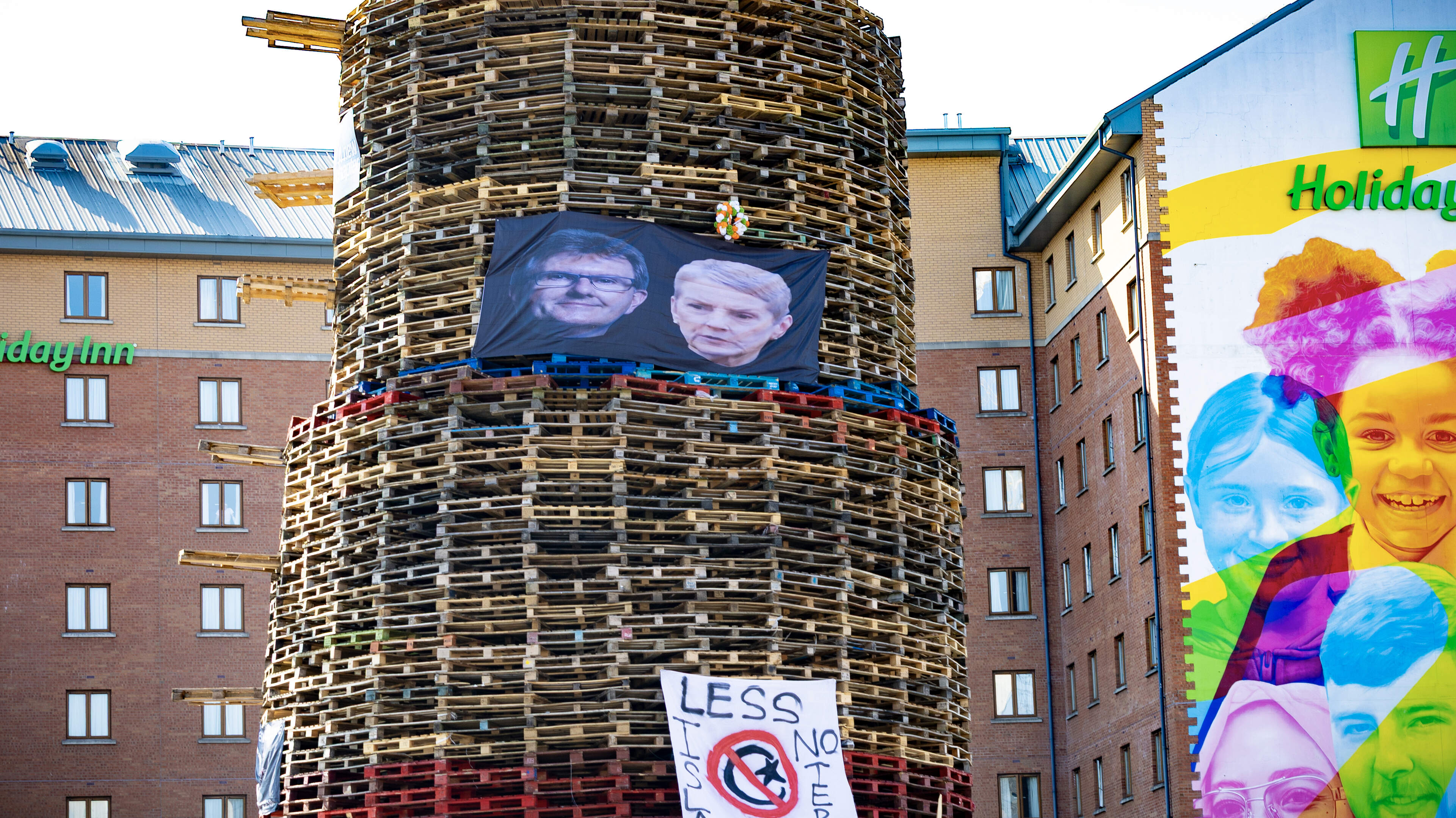 Jeffrey and Eleanor Donaldson pictured on Belfast bonfire ahead of midnight lighting on Sandy Row pyre