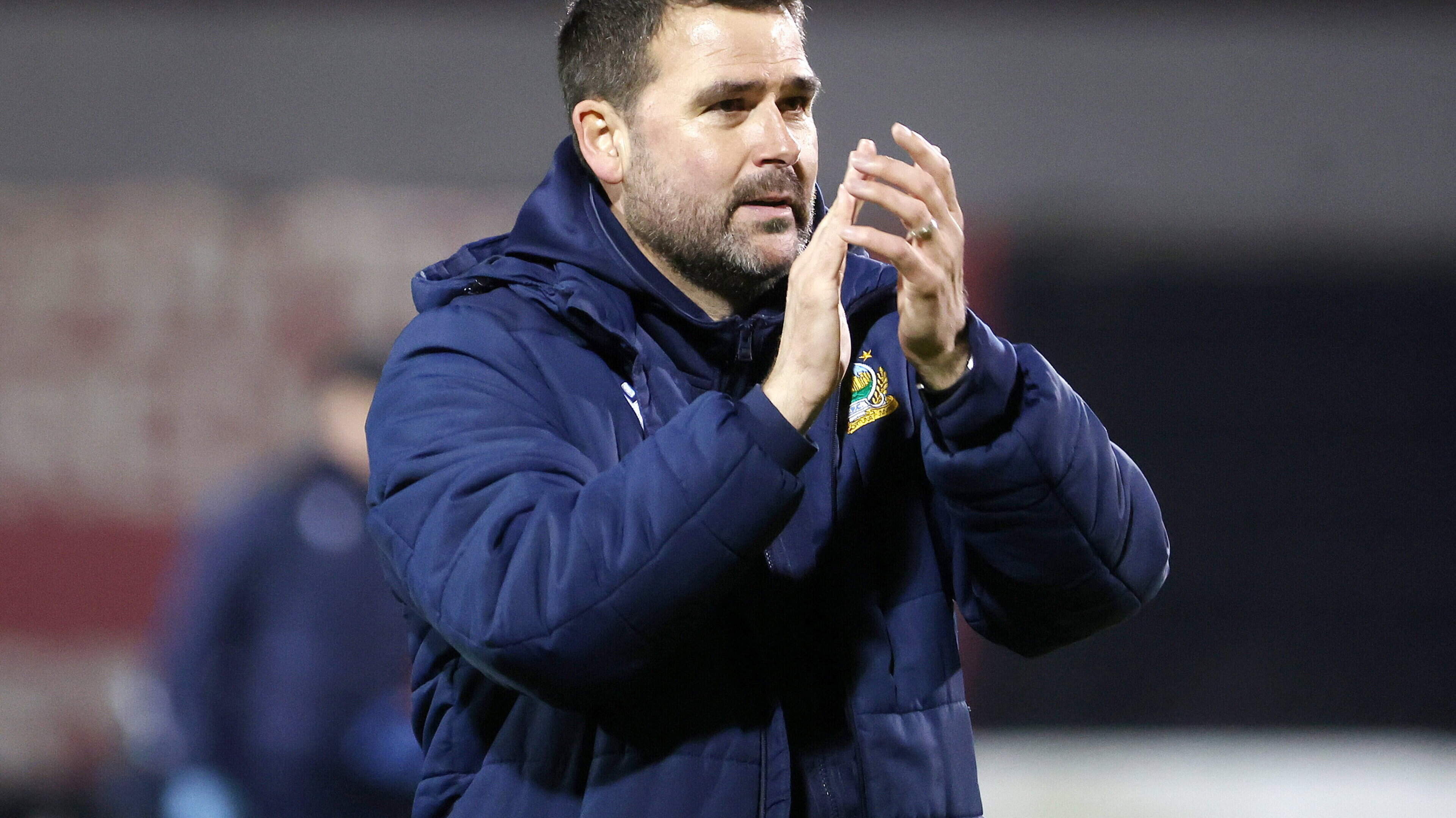 Linfield manager David Healy applauds Linfield’s fans after Friday night’s win. © Inpho/Jonathan Porter