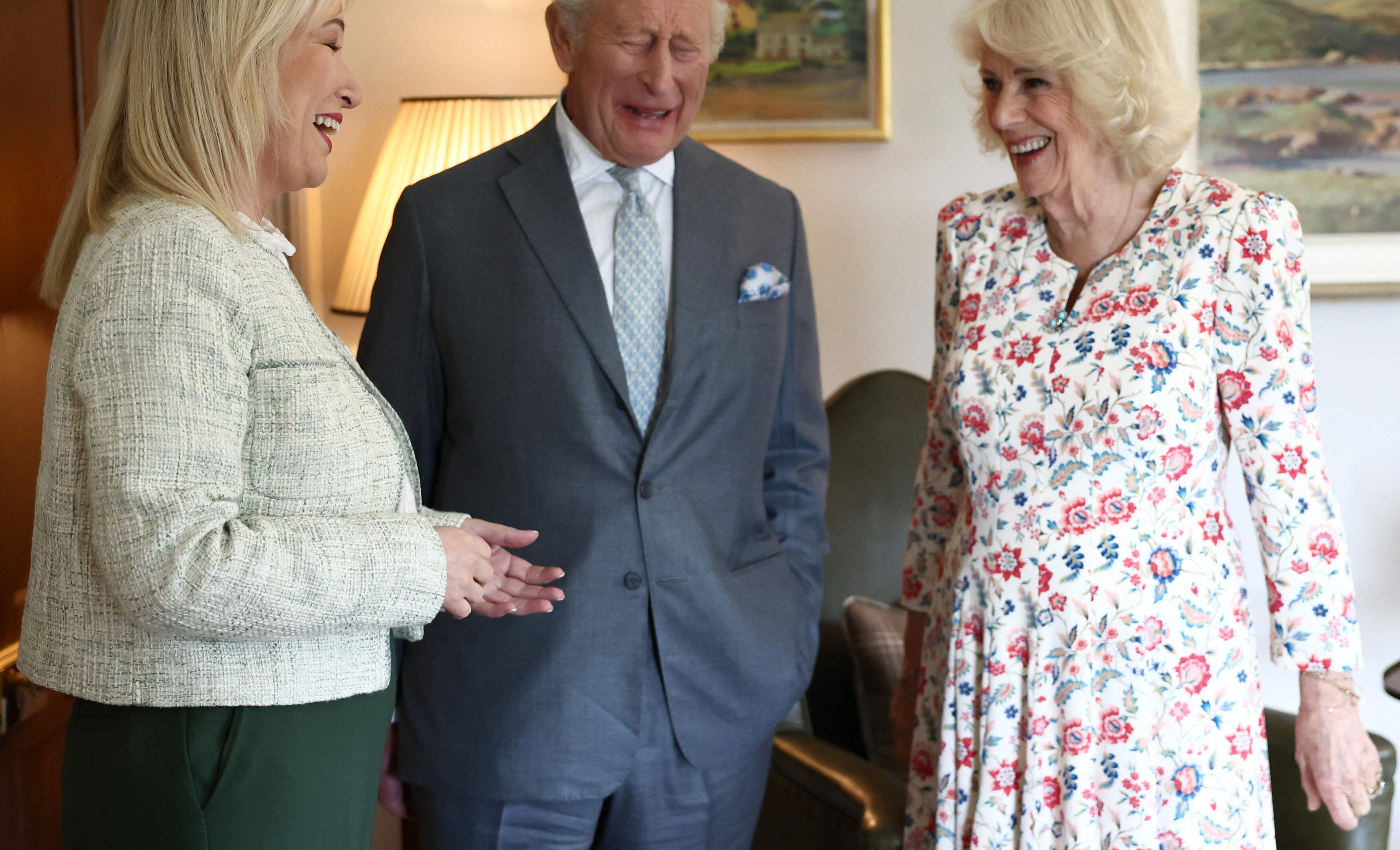 Britain’s King Charles and Queen Camilla play bodhráns as they pay surprise visit to Northern Ireland