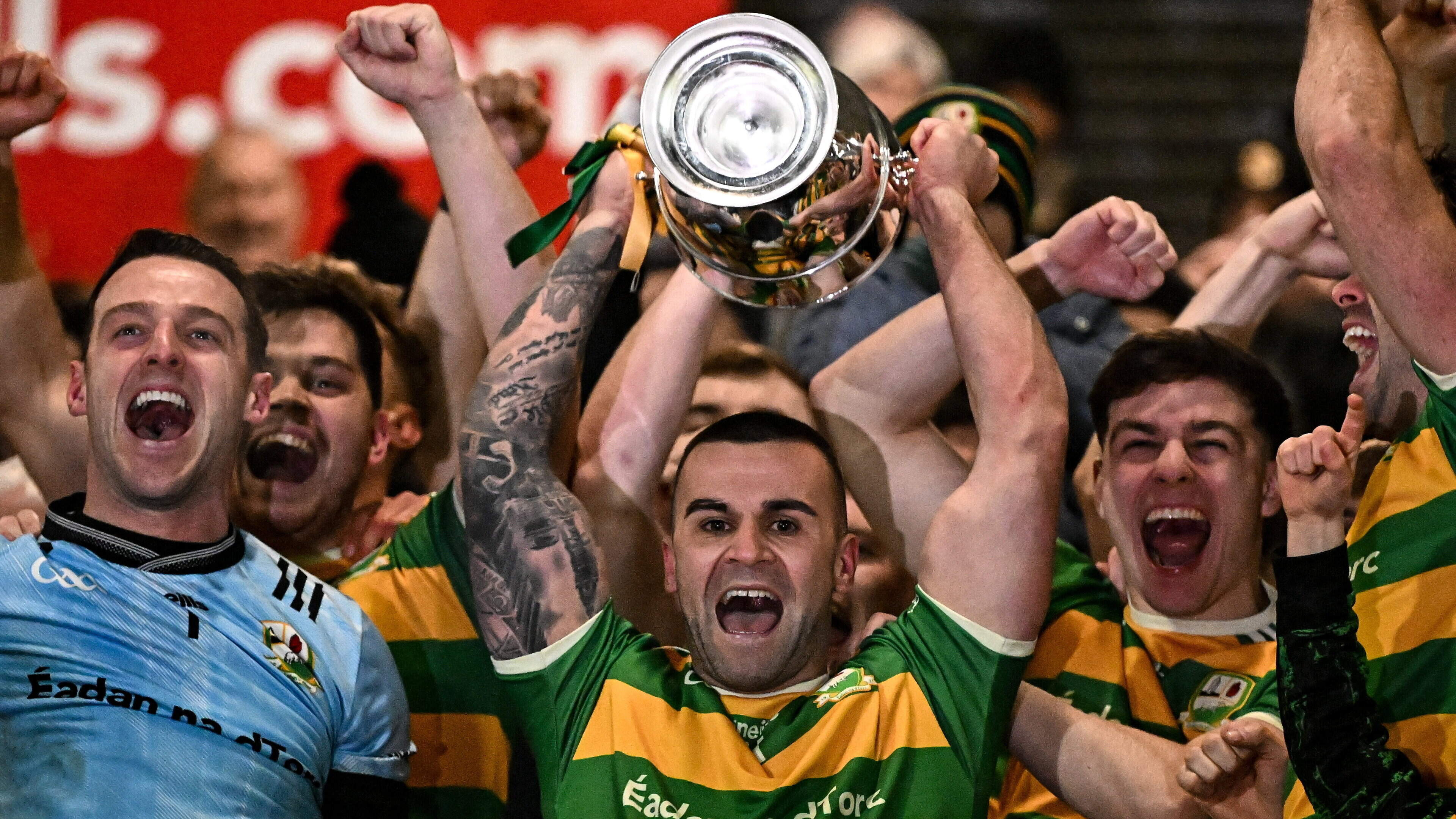 Edenork St Malachy's captain Conor Mallon lifts the trophy © SPORTSFILE