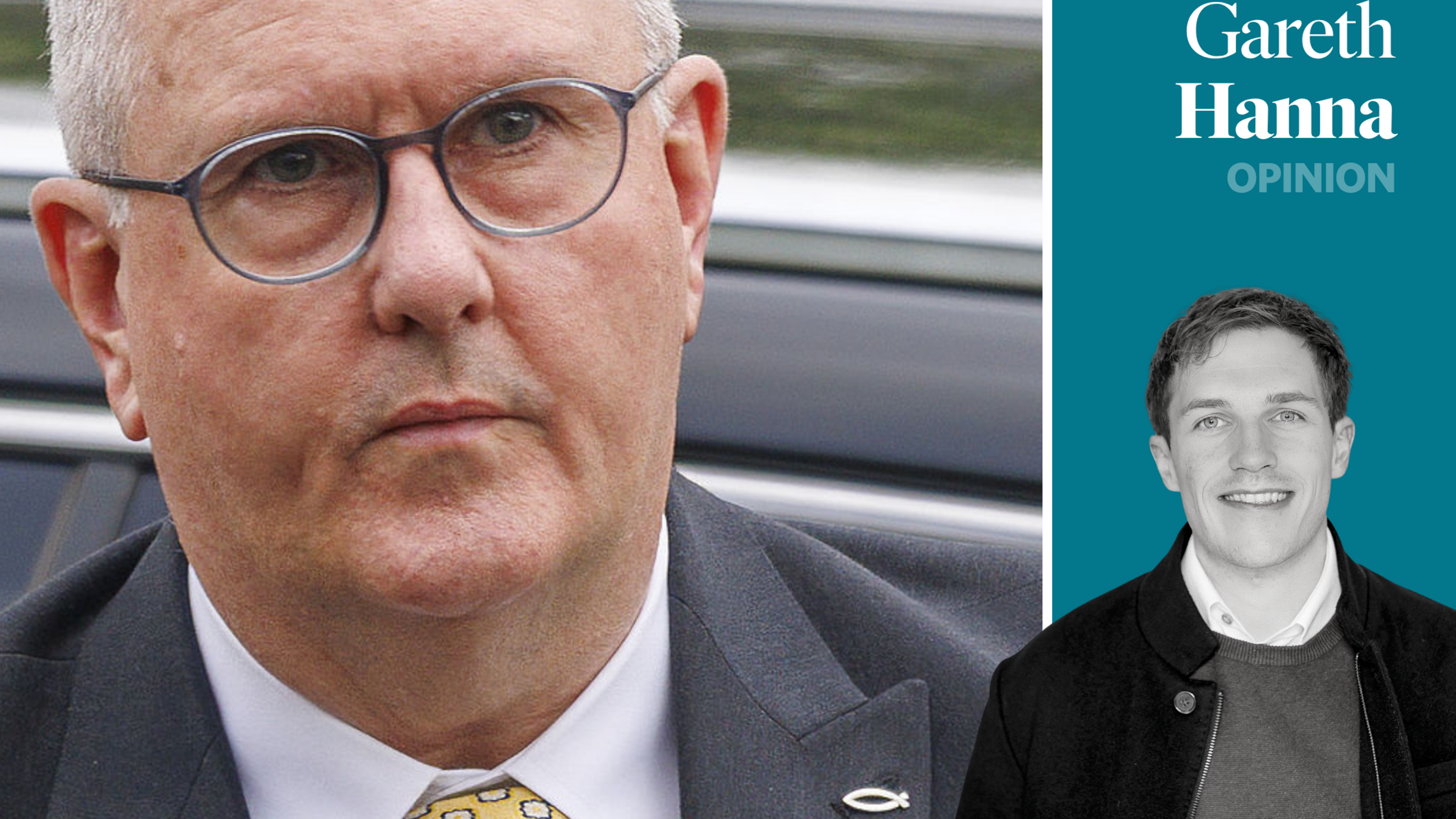 Jeffrey Donaldson wears “Jesus fish” pin badge to court
