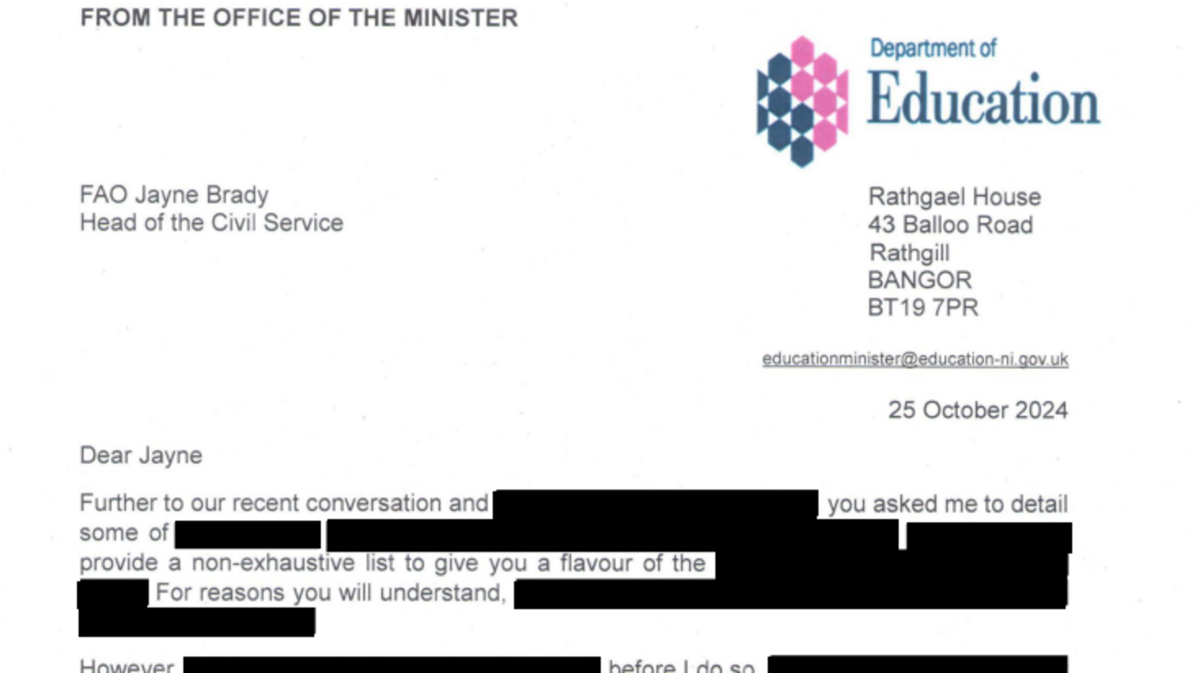 Department of Education heavily redacts Minister’s letters to Head of Civil Service, after hiding them for more than year