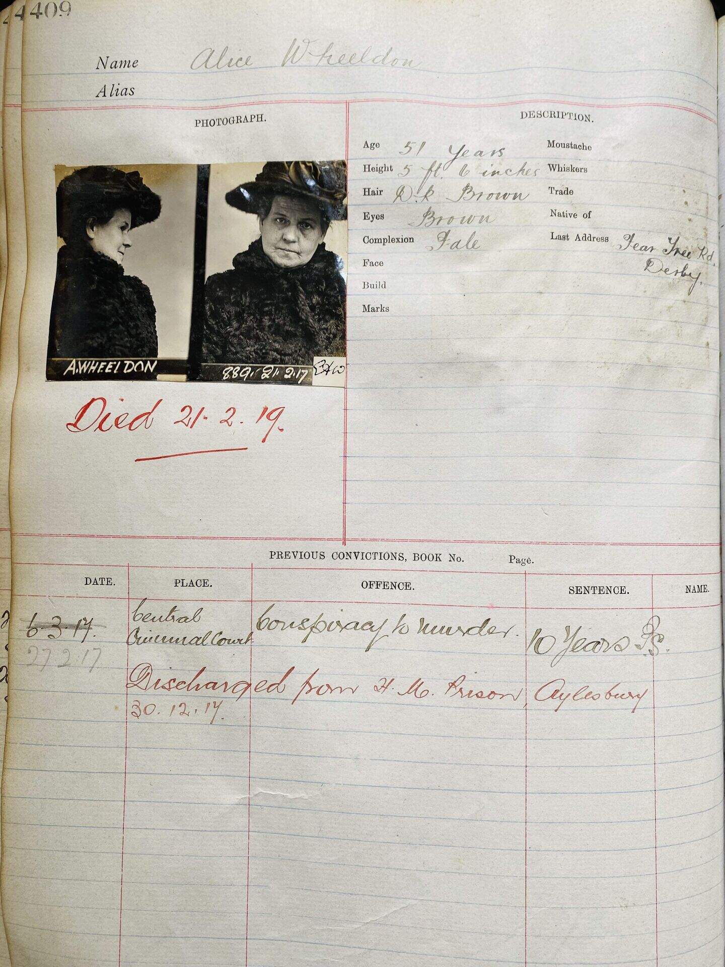 Police ledger with mugshot of woman convicted of 1917 PM murder plot to ...