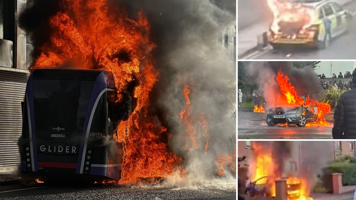 Homes set on fire in Belfast and police car and hijacked bus among vehicles ablaze as disorder erupts