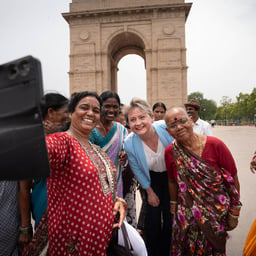 Foreign Secretary Yvette Cooper meets visitors to India Gate in New Delhi (Stefan Rousseau/PA)