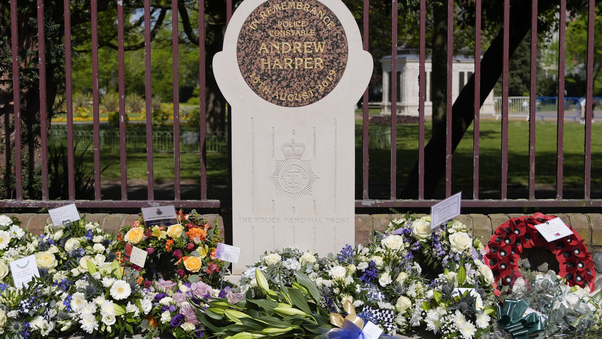 Flowers left next to a memorial stone in Reading, dedicated to the memory of Police Constable Andrew Harper (Andrew Matthews/PA)
