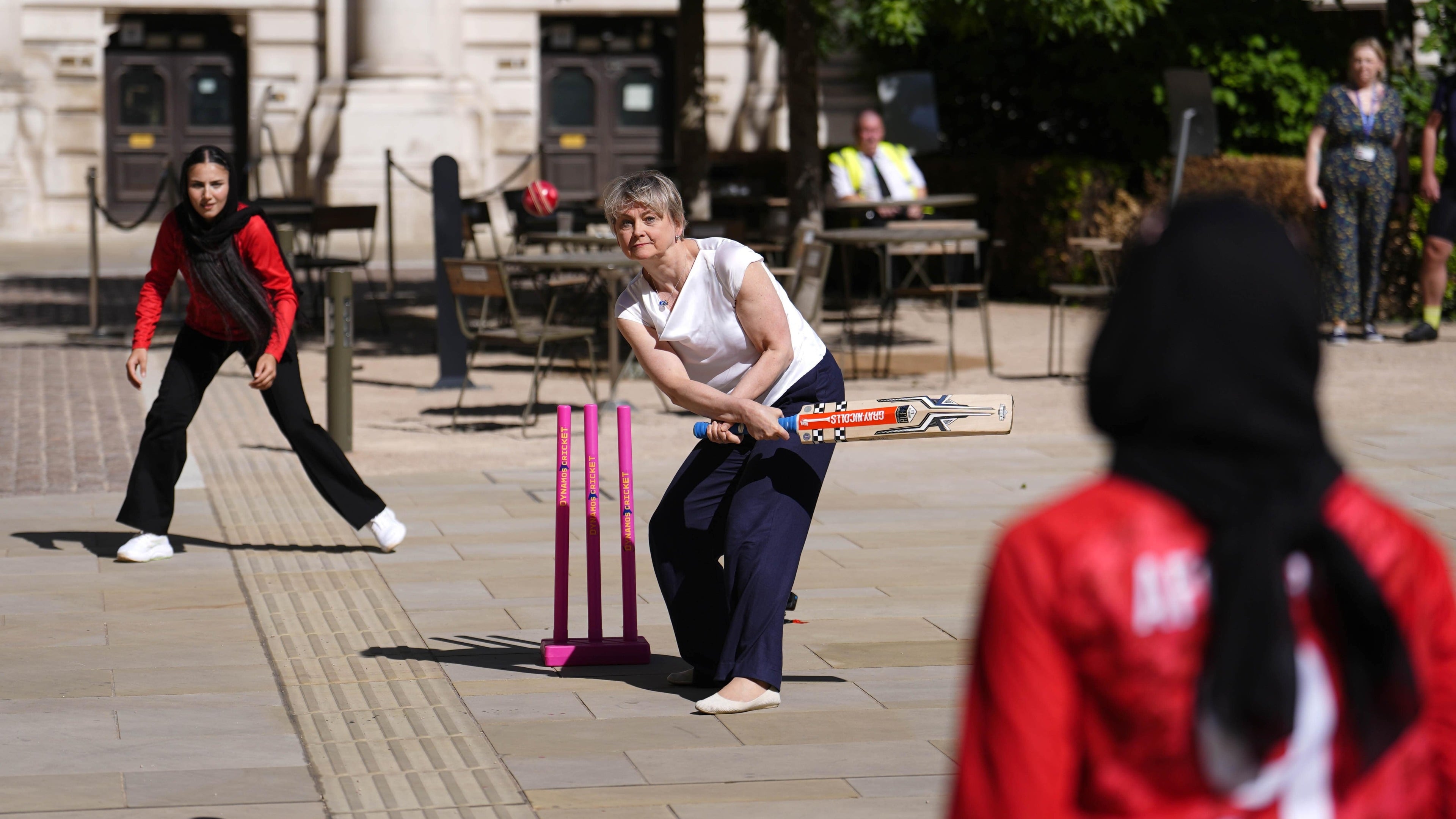 Yvette Cooper plays cricket with exiled Afghan women’s team