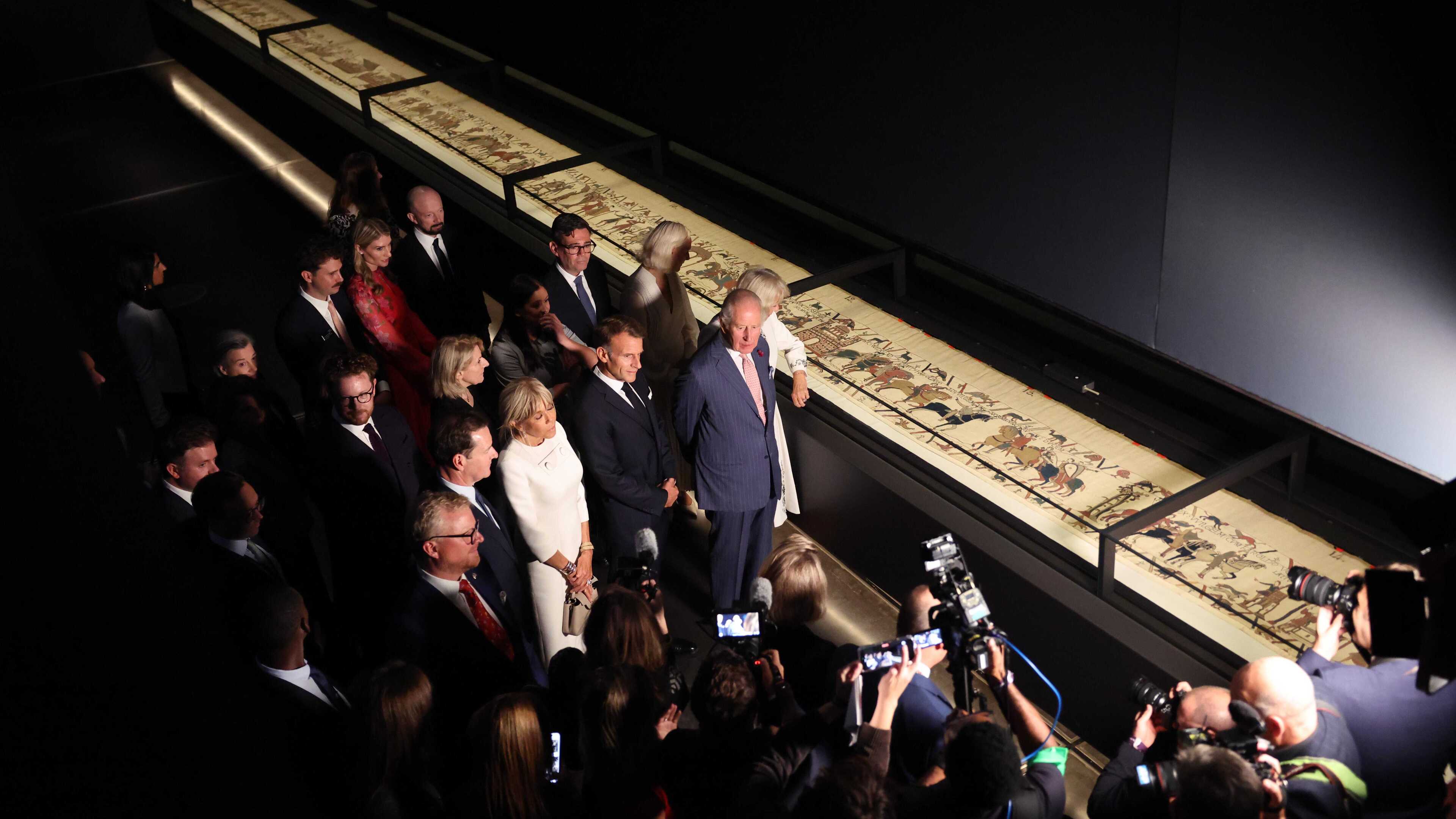 King visits Bayeux Tapestry with Macron and Burnham at British Museum